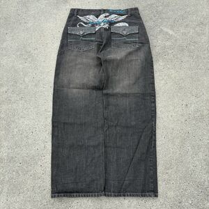 Vintage Mens Blac Label Baggy Y2K Jeans Black Flap Pockets Embroidered 32x30